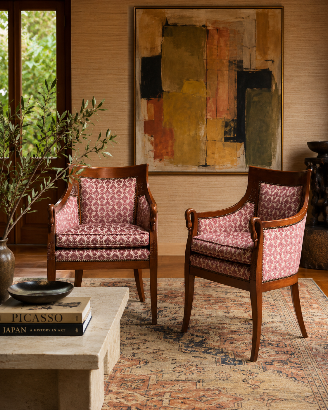 Pair of Restoration-style Gondole Armchairs
