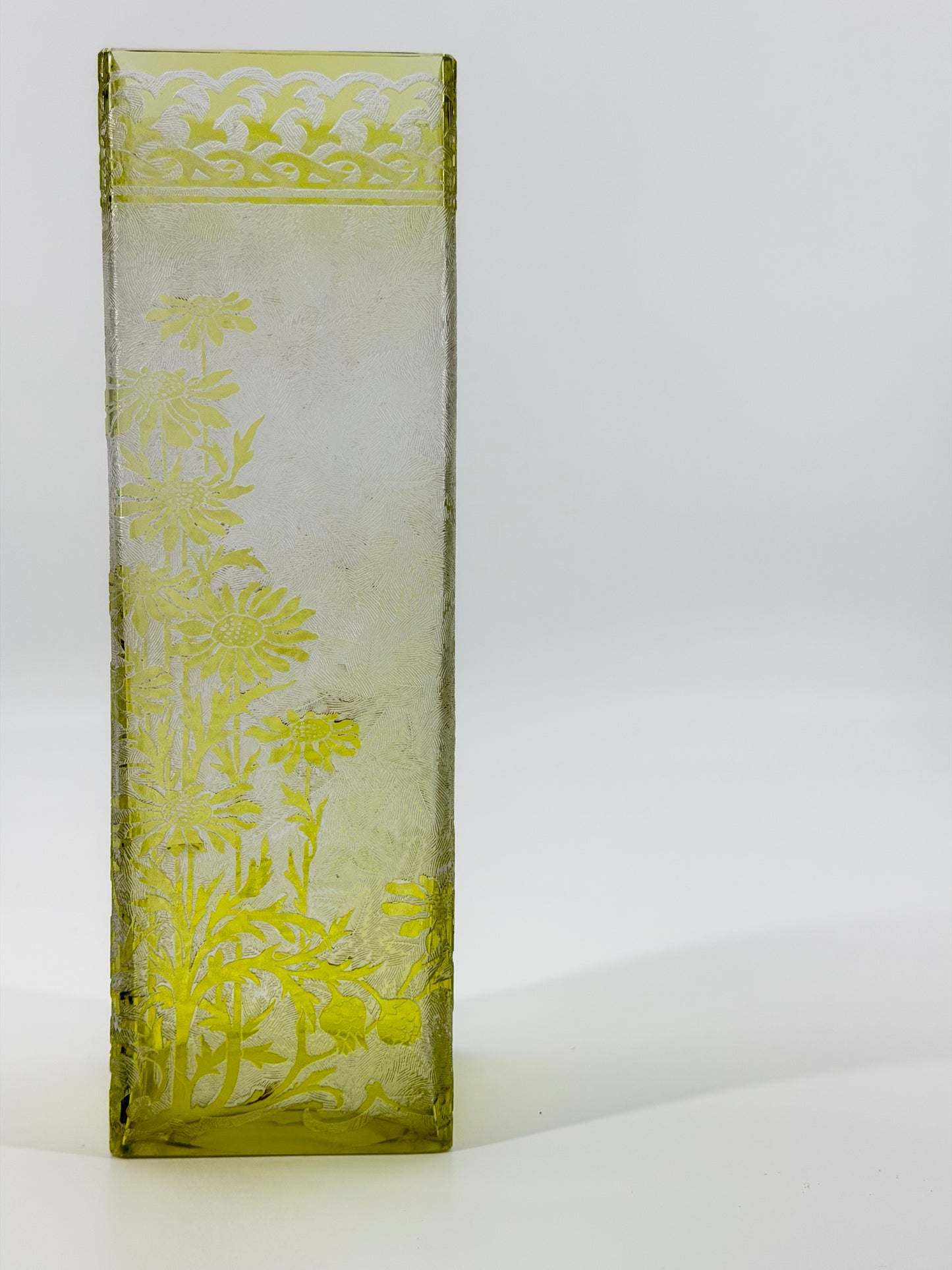 Tall Acid-Etched Glass Vase with Floral Motifs (BACCARAT acid-etched decoration green)
