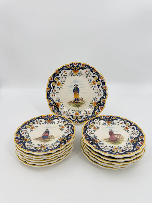 Set of 13 hand-painted French Breton earthenware plates, “Le Pouliguen”