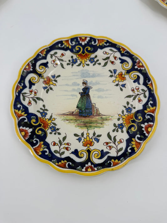 Set of 13 hand-painted French Breton earthenware plates, “Le Pouliguen”